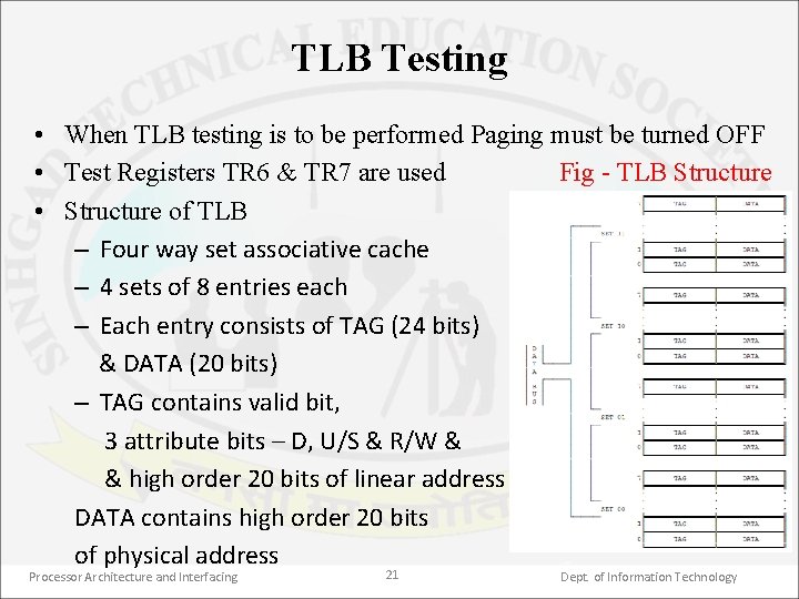 TLB Testing • When TLB testing is to be performed Paging must be turned