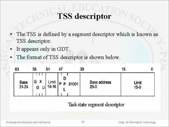 TSS descriptor • The TSS is defined by a segment descriptor which is known