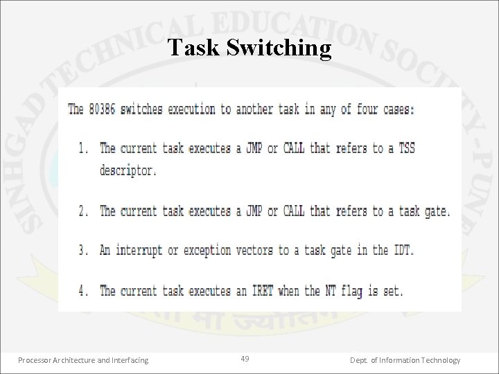 Task Switching Processor Architecture and Interfacing 49 Dept. of Information Technology 