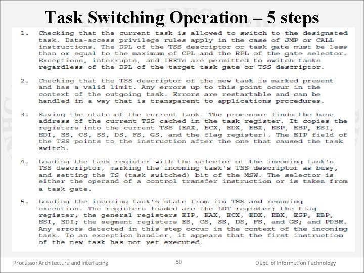 Task Switching Operation – 5 steps Processor Architecture and Interfacing 50 Dept. of Information