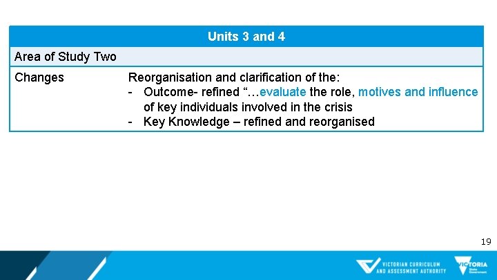 Units 3 and 4 Area of Study Two Changes Reorganisation and clarification of the: