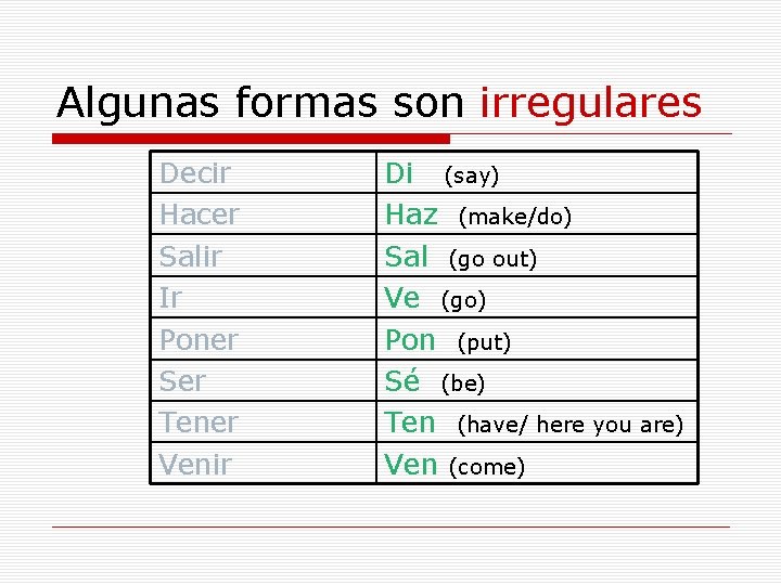 Algunas formas son irregulares Decir Hacer Salir Ir Poner Ser Tener Venir Di (say)