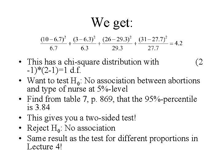 We get: • This has a chi-square distribution with (2 -1)*(2 -1)=1 d. f.