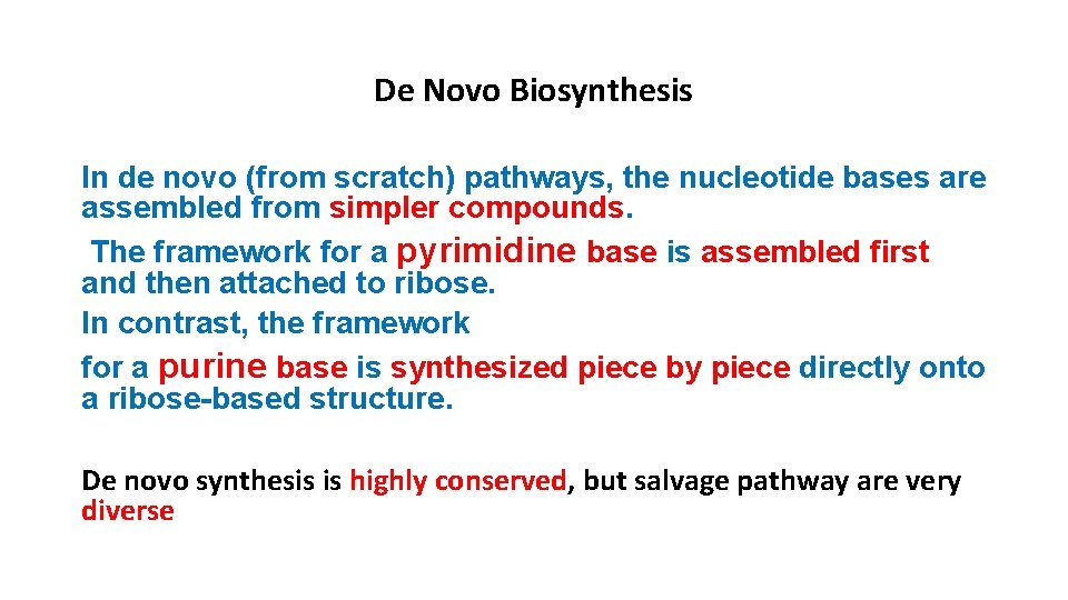 De Novo Biosynthesis In de novo (from scratch) pathways, the nucleotide bases are assembled