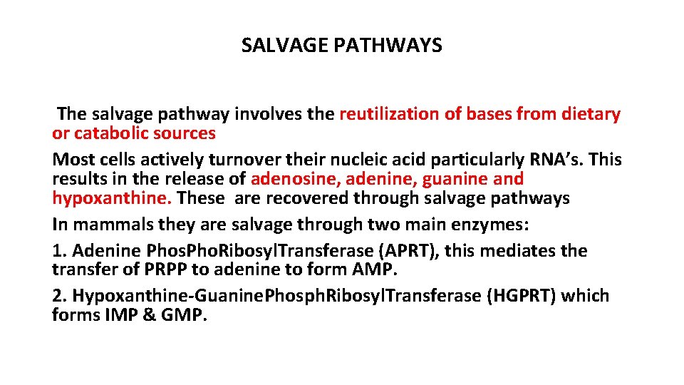 SALVAGE PATHWAYS The salvage pathway involves the reutilization of bases from dietary or catabolic