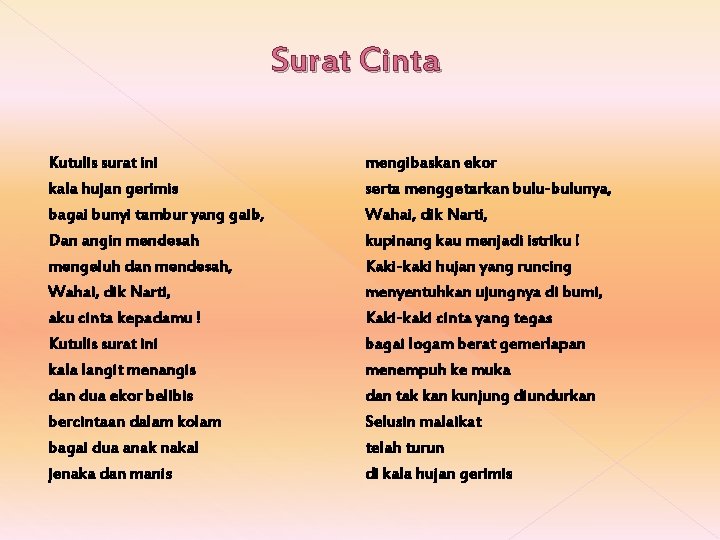 Surat Cinta Kutulis surat ini kala hujan gerimis bagai bunyi tambur yang gaib, Dan