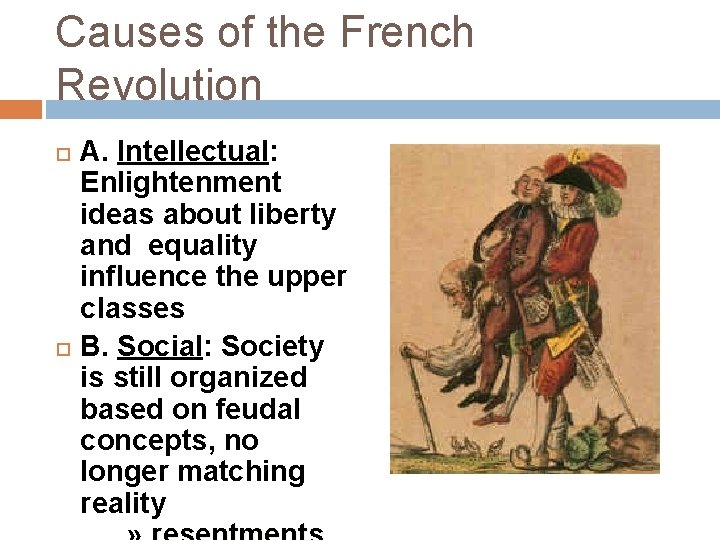 Causes of the French Revolution A. Intellectual: Enlightenment ideas about liberty and equality influence