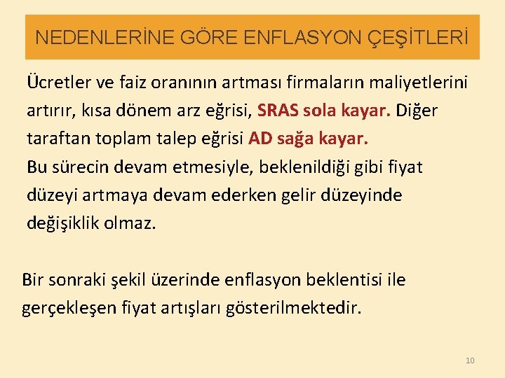 NEDENLERİNE GÖRE ENFLASYON ÇEŞİTLERİ Ücretler ve faiz oranının artması firmaların maliyetlerini artırır, kısa dönem