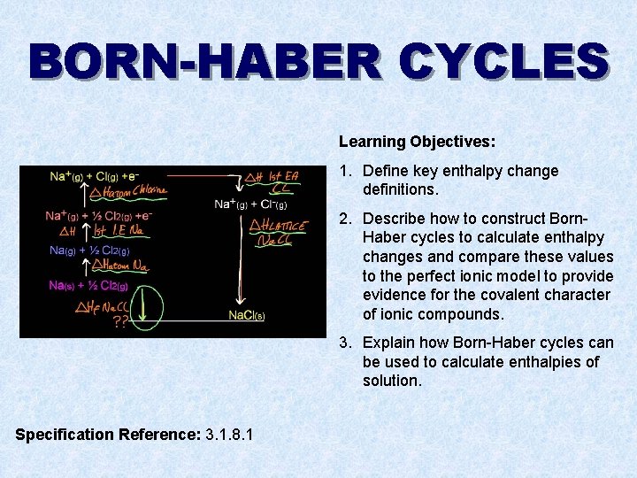 BORN-HABER CYCLES Learning Objectives: 1. Define key enthalpy change definitions. 2. Describe how to