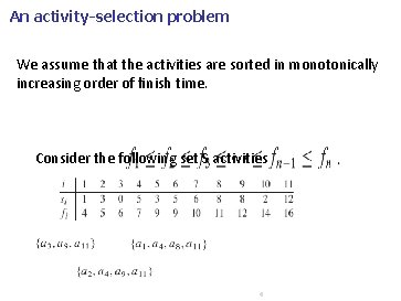 An activity-selection problem We assume that the activities are sorted in monotonically increasing order