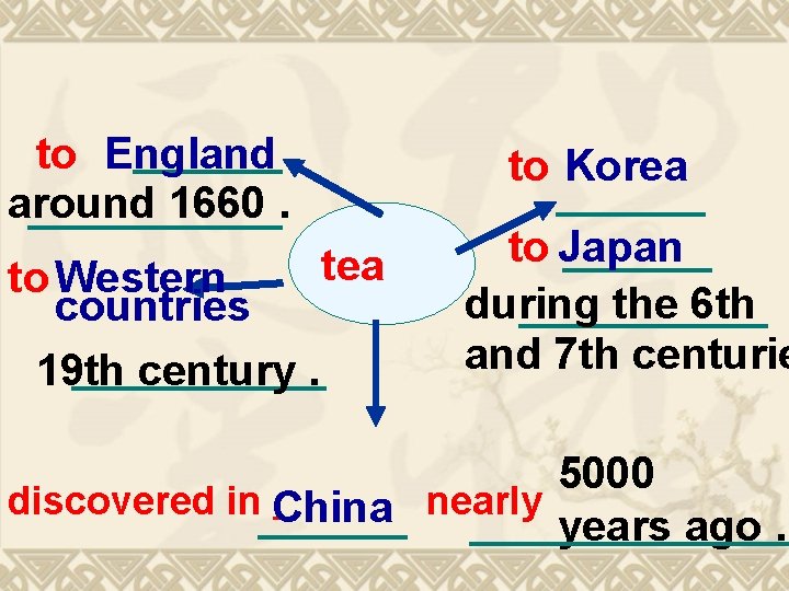 to England around 1660. tea to Western countries 19 th century. to Korea to