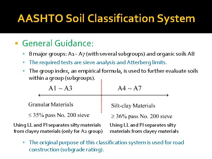 AASHTO Soil Classification System § General Guidance: § 8 major groups: A 1~ A