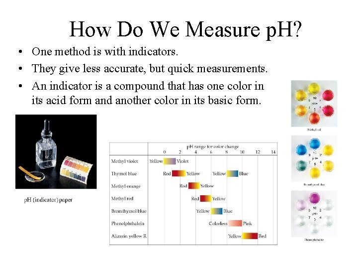How Do We Measure p. H? • One method is with indicators. • They
