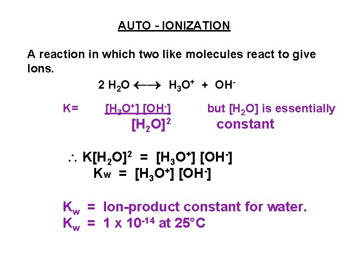 AUTO - IONIZATION A reaction in which two like molecules react to give Ions.