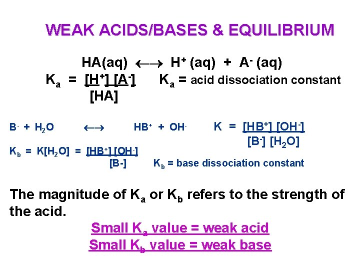 WEAK ACIDS/BASES & EQUILIBRIUM HA(aq) H+ (aq) + A- (aq) Ka = [H+] [A-]