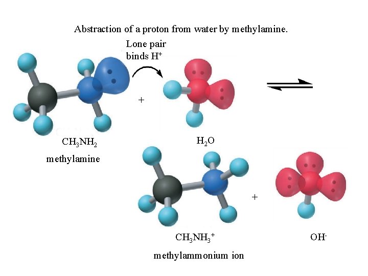 Abstraction of a proton from water by methylamine. Lone pair binds H+ + CH