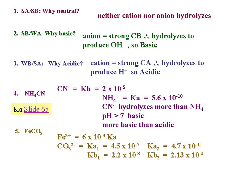 1. SA/SB: Why neutral? 2. SB/WA Why basic? neither cation nor anion hydrolyzes anion