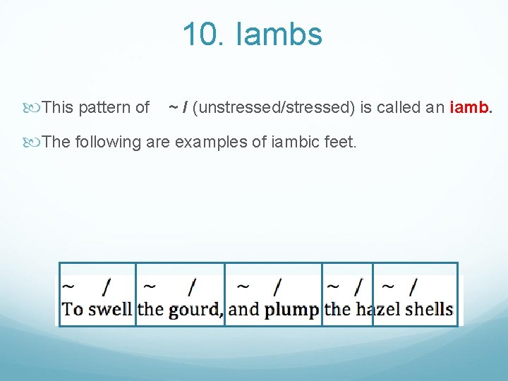 10. Iambs This pattern of ~ / (unstressed/stressed) is called an iamb. The following