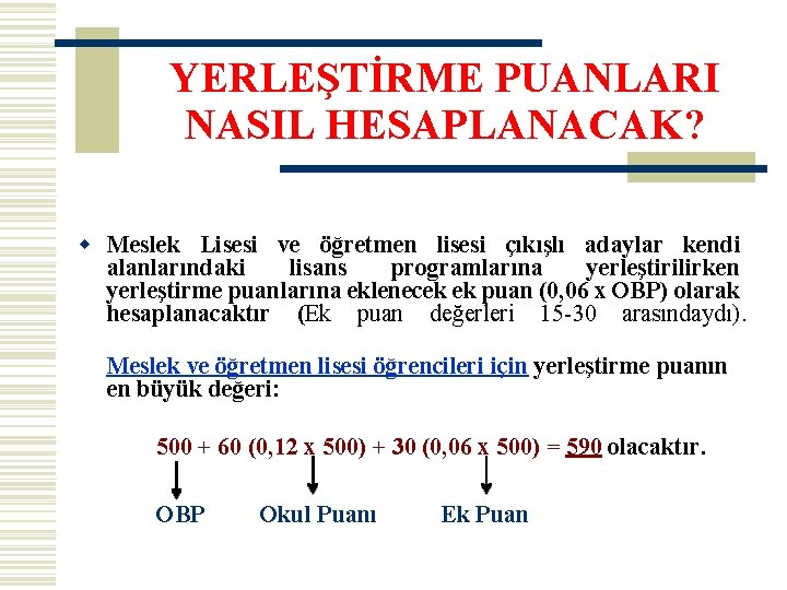 YERLEŞTİRME PUANLARI NASIL HESAPLANACAK? w Meslek Lisesi ve öğretmen lisesi çıkışlı adaylar kendi alanlarındaki