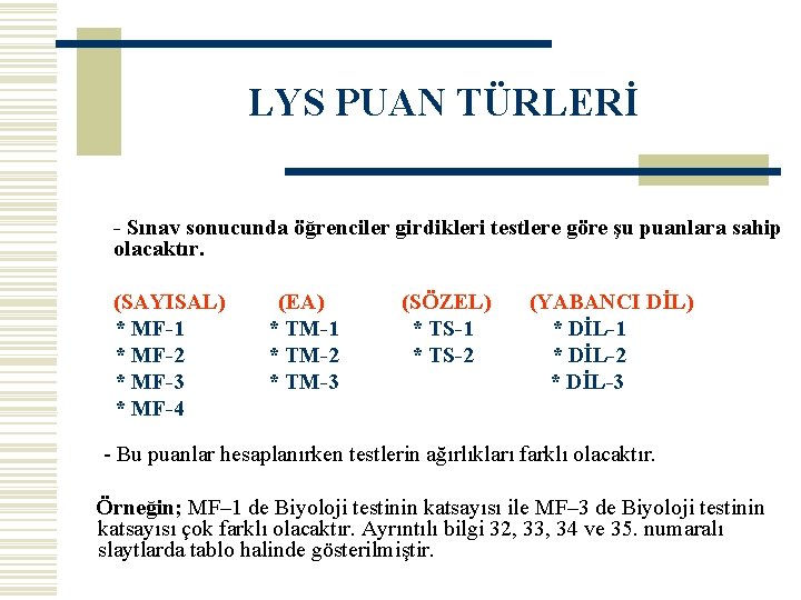 LYS PUAN TÜRLERİ - Sınav sonucunda öğrenciler girdikleri testlere göre şu puanlara sahip olacaktır.