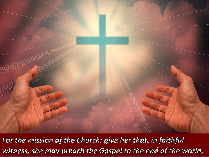 For the mission of the Church: give her that, in faithful witness, she may