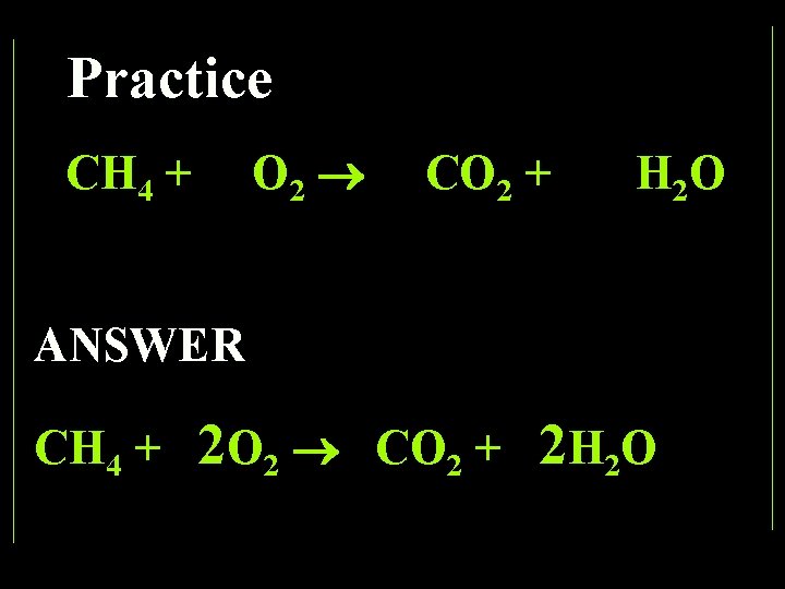 Practice O 2 CH 4 + CO 2 + H 2 O ANSWER CH