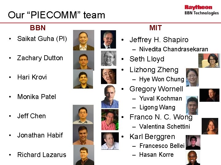 Our “PIECOMM” team BBN MIT • Saikat Guha (PI) • Jeffrey H. Shapiro –