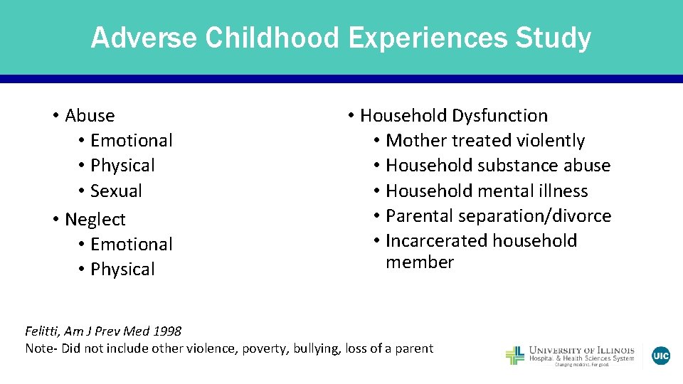 Adverse Childhood Experiences Study • Abuse • Emotional • Physical • Sexual • Neglect