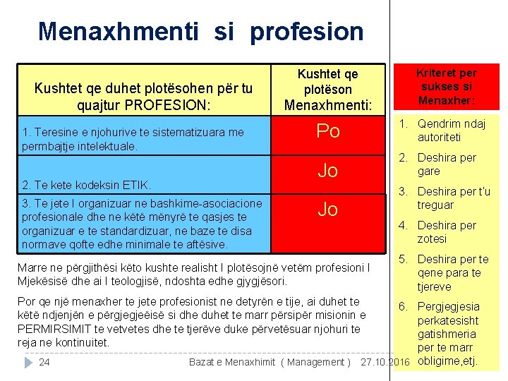 Menaxhmenti si profesion Kushtet qe duhet plotësohen për tu quajtur PROFESION: 1. Teresine e