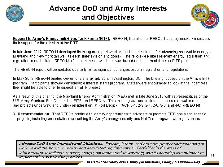 Advance Do. D and Army Interests and Objectives Support to Army’s Energy Initiatives Task
