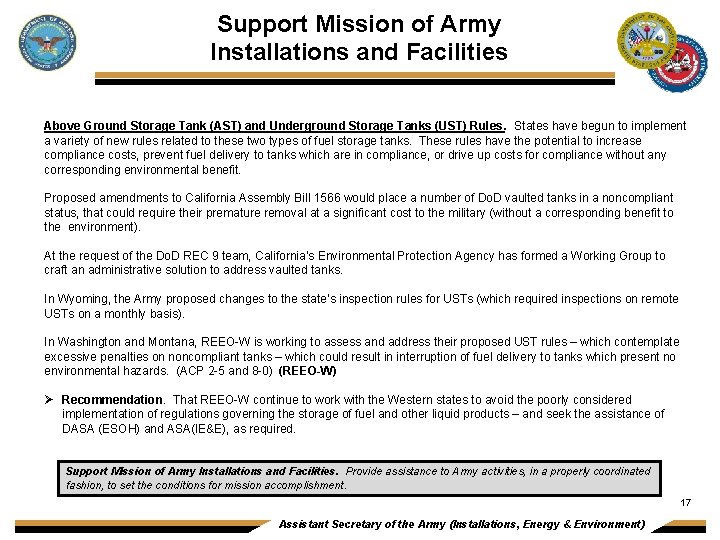 Support Mission of Army Installations and Facilities Above Ground Storage Tank (AST) and Underground
