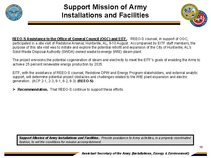 Support Mission of Army Installations and Facilities REEO-S Assistance to the Office of General