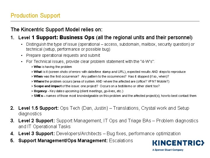 Production Support The Kincentric Support Model relies on: 1. Level 1 Support: Business Ops