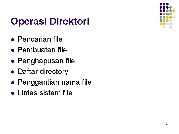 Operasi Direktori l l l Pencarian file Pembuatan file Penghapusan file Daftar directory Penggantian