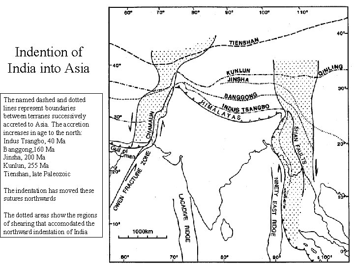 Indention of India into Asia The named dashed and dotted lines represent boundaries between