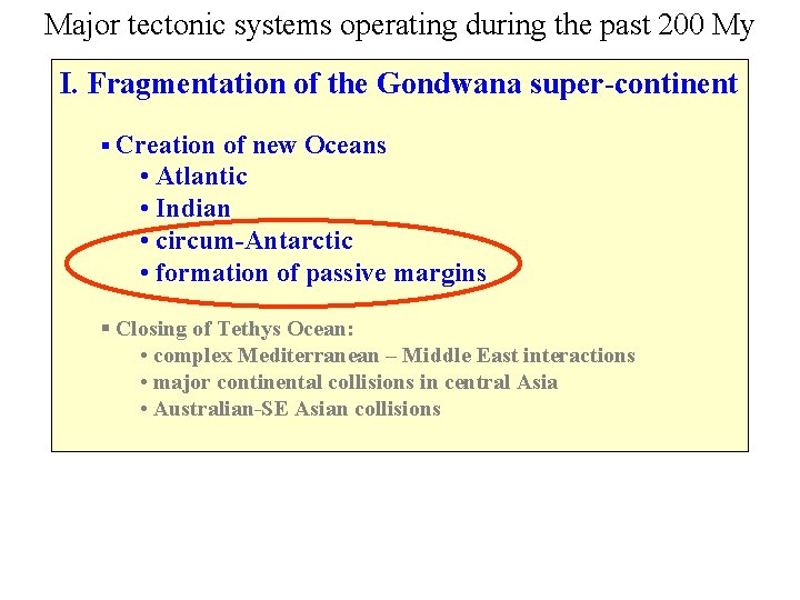 Major tectonic systems operating during the past 200 My I. Fragmentation of the Gondwana