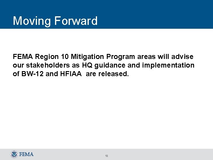 Moving Forward FEMA Region 10 Mitigation Program areas will advise our stakeholders as HQ