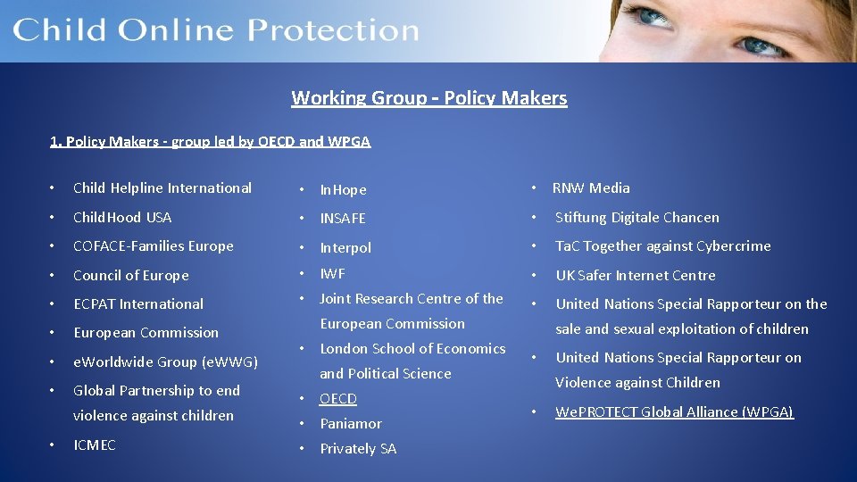 Working Group – Policy Makers 1. Policy Makers - group led by OECD and