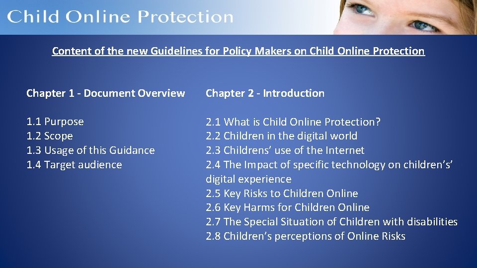 Content of the new Guidelines for Policy Makers on Child Online Protection Chapter 1