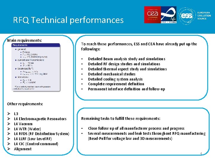 RFQ Technical performances Main requirements: To reach these performances, ESS and CEA have already