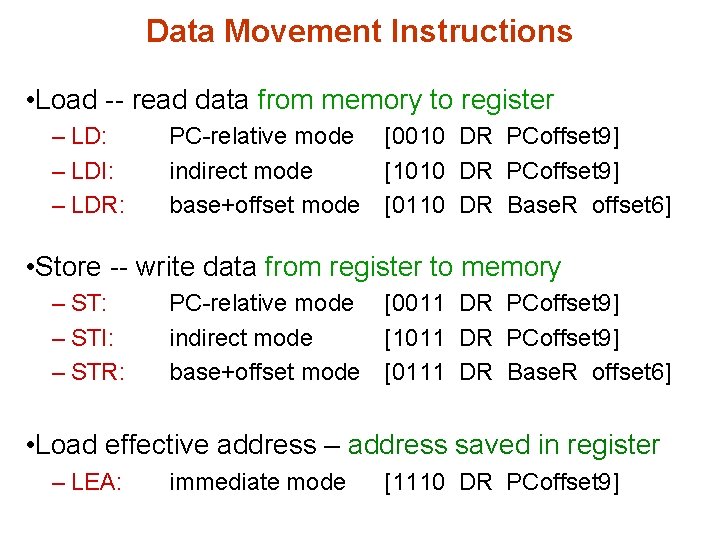 Data Movement Instructions • Load -- read data from memory to register – LD: