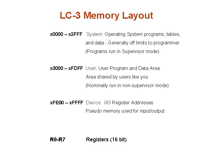 LC-3 Memory Layout x 0000 – x 2 FFF System: Operating System programs, tables,