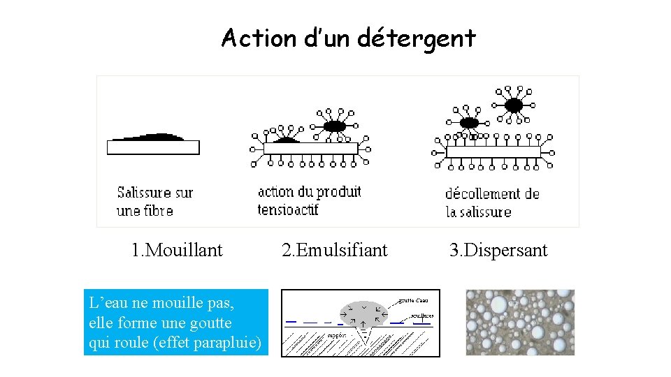 Action d’un détergent 1. Mouillant L’eau ne mouille pas, elle forme une goutte qui