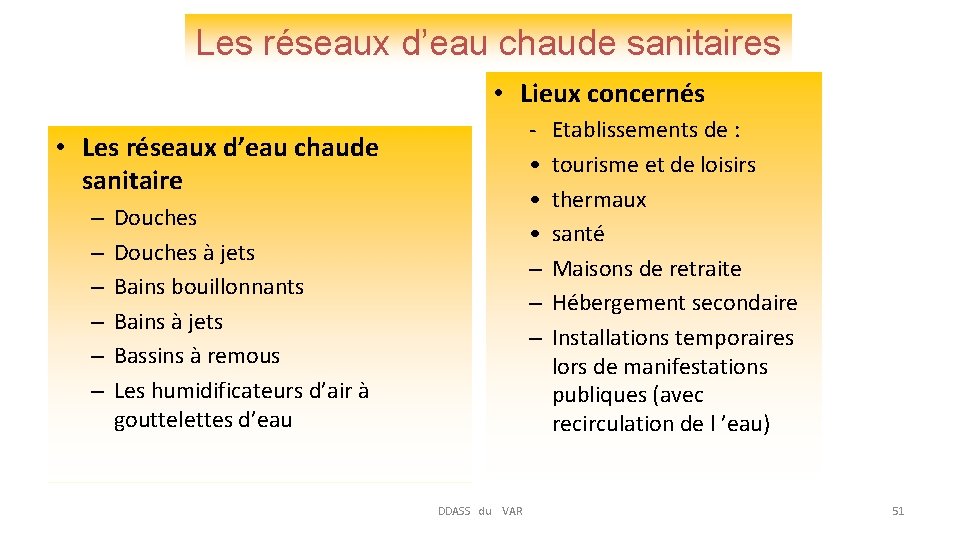 Les réseaux d’eau chaude sanitaires • Lieux concernés • • • – – –