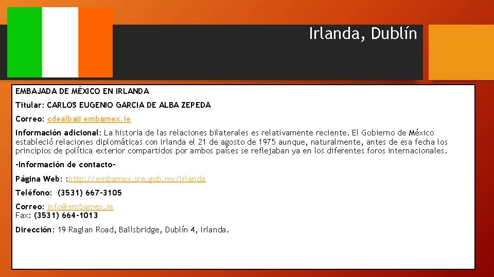 Irlanda, Dublín EMBAJADA DE MÉXICO EN IRLANDA Titular: CARLOS EUGENIO GARCIA DE ALBA ZEPEDA