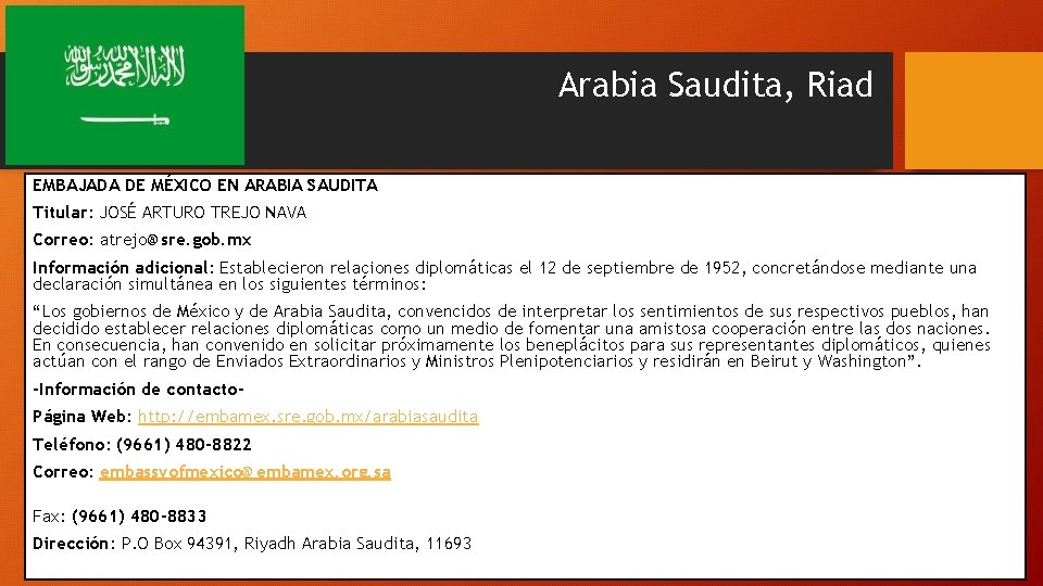 Arabia Saudita, Riad EMBAJADA DE MÉXICO EN ARABIA SAUDITA Titular: JOSÉ ARTURO TREJO NAVA