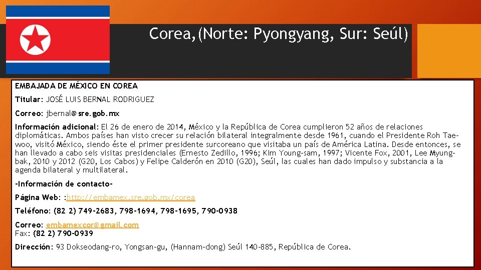 Corea, (Norte: Pyongyang, Sur: Seúl) EMBAJADA DE MÉXICO EN COREA Titular: JOSÉ LUIS BERNAL