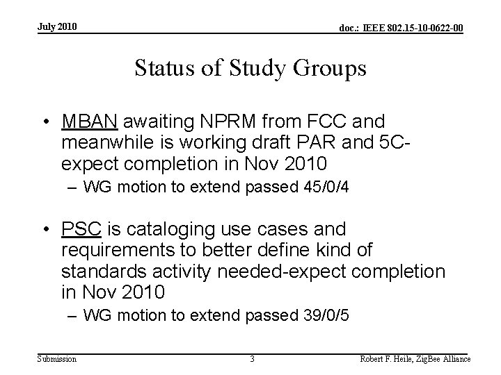 July 2010 doc. : IEEE 802. 15 -10 -0622 -00 Status of Study Groups