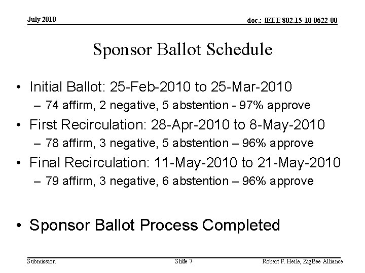 July 2010 doc. : IEEE 802. 15 -10 -0622 -00 Sponsor Ballot Schedule •