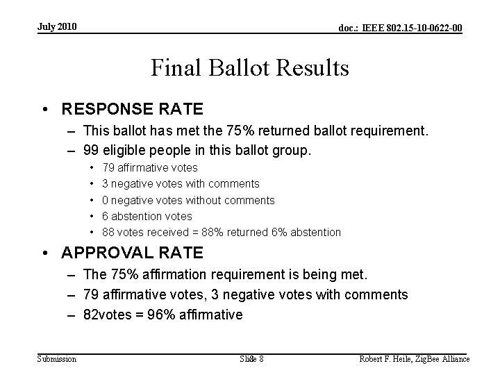 July 2010 doc. : IEEE 802. 15 -10 -0622 -00 Final Ballot Results •